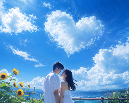 Young Couple Under a Heart-Shaped Cloud on a Beautiful Summer Day by the Sea