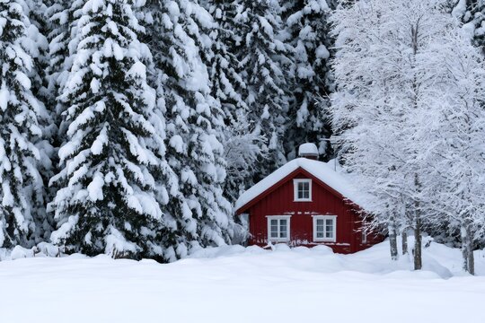 Red scandinavian house standing in snowy winter landscape