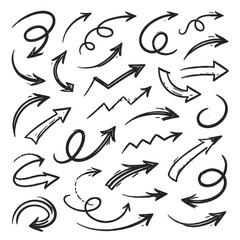 Fototapeta premium A collection of hand-drawn black arrows in various styles on white.
