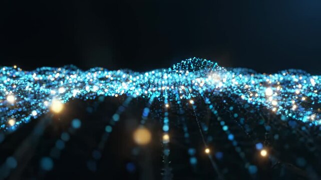 Blue Digital Particle Wave Flowing in Futuristic Cyber Space Background