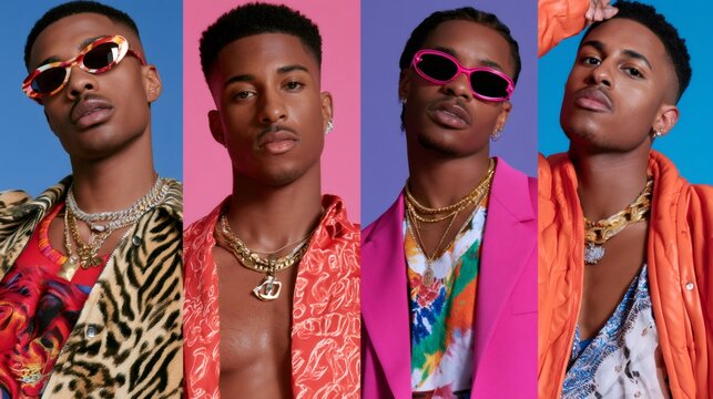 Four stylish men posing with necklaces and sunglasses in a studio