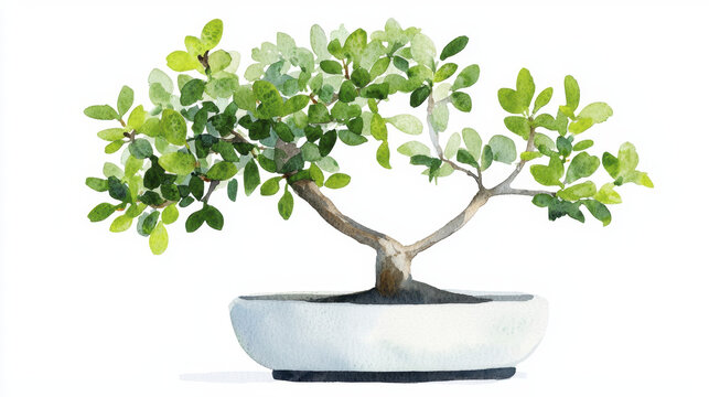 Watercolor illustration of potted bonsai tree with lush green leaves, showcasing tranquility and nature beauty
