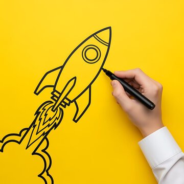 Start Business Growth Concept with Hand Drawing a Launching Rocket