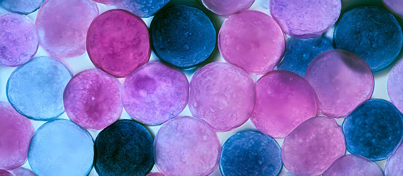 Observations revealed a group of pink and blue cells, identified as stained potato starch grains, viewed under a microscope at 1000x magnification. These cells displayed distinct hues and patterns, yi