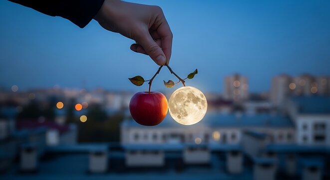 Creative Space Concept: A hand holding a tempting red apple and a moon replica of the same size, set against a beautiful cityscape at night.