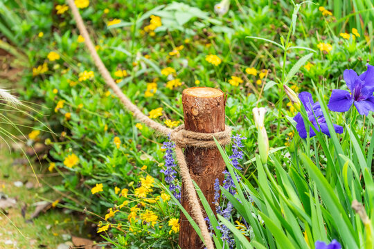 Pile of sharp wood, wooden fence posts in flower garden