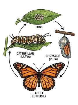 Lifecycle diagram of a monarch butterfly showing all four stages
