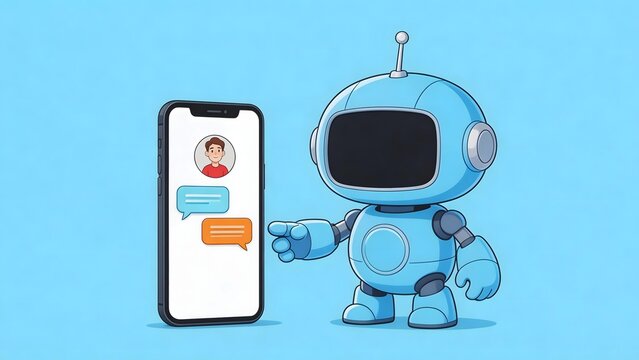 Blue cartoon robot pointing at smartphone with chat interface showing user avatar and message bubbles on light blue background