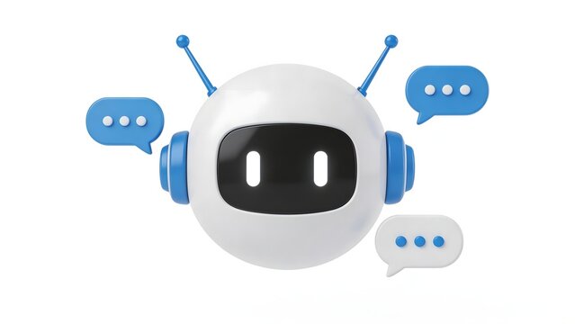 White and blue robot head with antennae and speech bubbles representing AI chatbot or virtual assistant