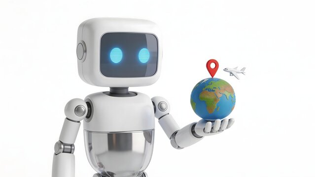 White robot with glowing blue eyes holds a globe with location pin and airplane icon against white background