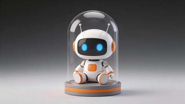 White and orange robot with glowing blue eyes sits inside a clear glass dome on a gray base with orange stripe