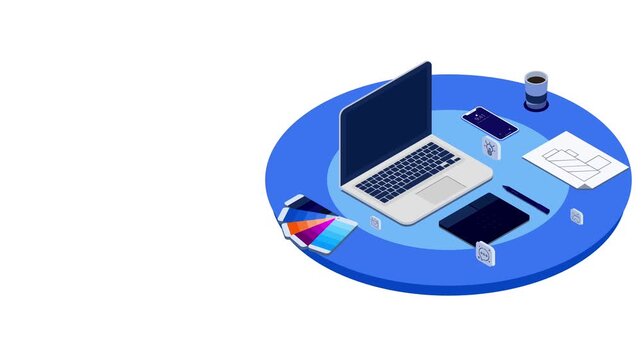 Isometric digital creative workspace circular desk setup with laptop, graphic tablet, color swatches, coffee, and smartphone. Graphic designer, agency, software development workflow stock asset.