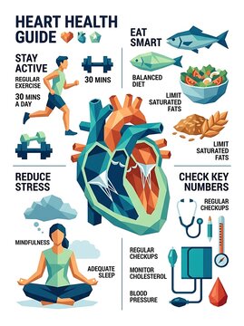 Heart health infographic featuring lifestyle tips and wellness icons