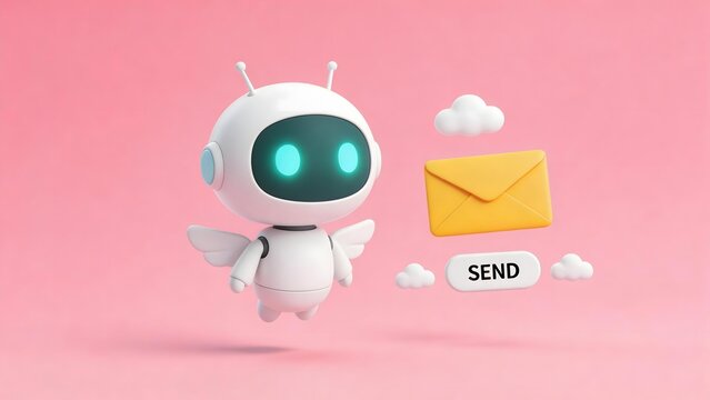 White robot with glowing eyes and wings sends email yellow envelope 'SEND' button clouds on pink background