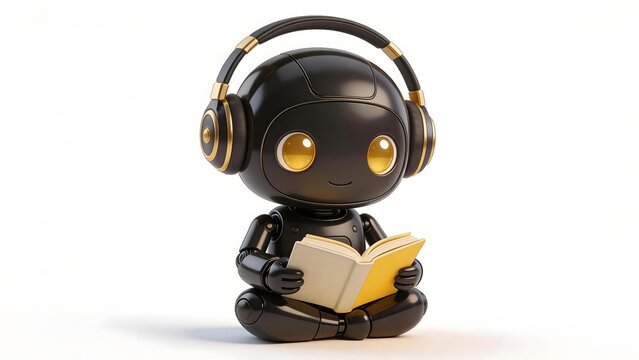 Black robot with golden headphones sits cross-legged reading a book with yellow pages