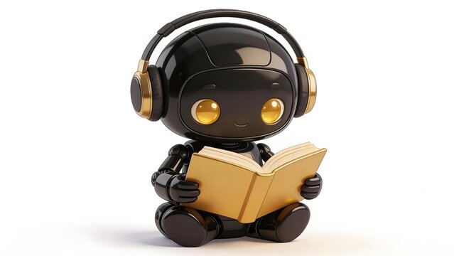 Black robot with golden headphones reading a gold-covered book seated against white background