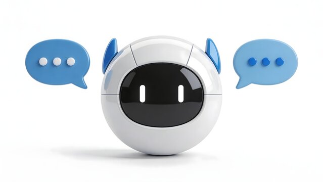 White and blue robot with horn-like ears and speech bubbles on either side isolated on white background