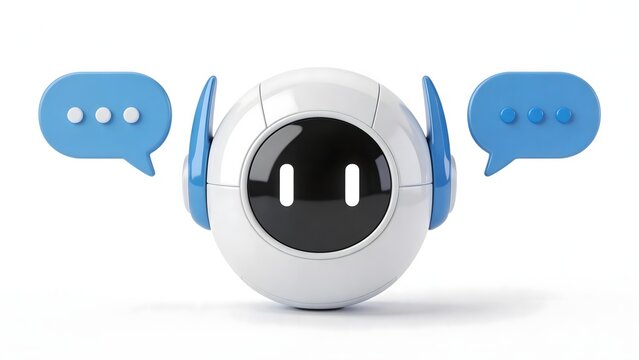 White and blue robot with speech bubbles symbolizing AI chat or virtual assistant interaction