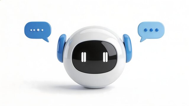 White spherical robot with blue ears and black face panel flanked by two blue speech bubbles with ellipses