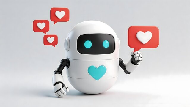 White robot with blue eyes and heart emblem holding a red love icon surrounded by floating heart-shaped speech bubbles on white background