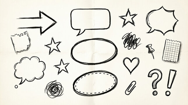 Hand drawn doodle element collection set of arrows rectangles stars heart speech bubbles paper.