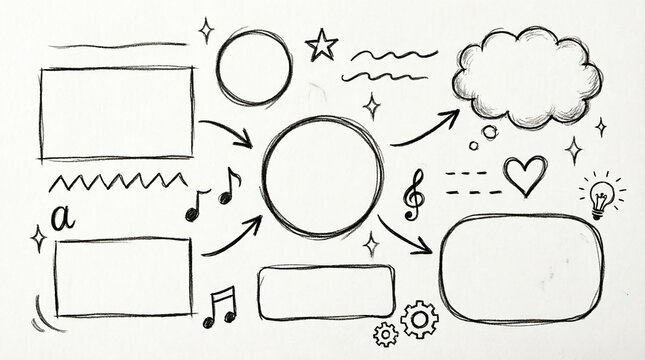 Hand drawn doodle element collection set of rectangles circles stars cloud hearts lightbulb music notes.