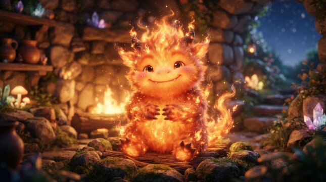 Cute Fire Creature Sitting By Hearth, Enchanted Forest Fantasy Art