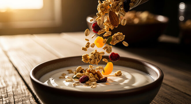 Healthy Breakfast: Crunchy Granola with Dried Fruits and Nuts Falling into a Bowl of Fresh Creamy Yogurt