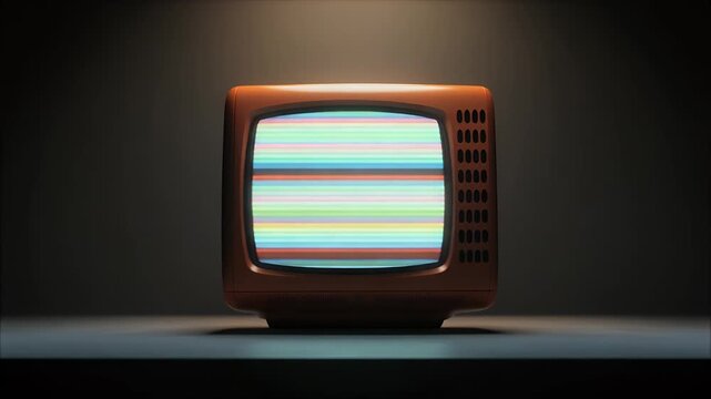 A vintage television displaying colorful static stands out in a dark room.