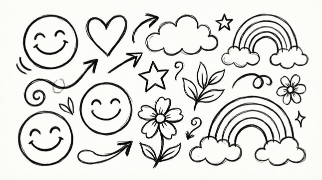 Collection of hand drawn doodles: smiles hearts clouds arrows rainbows and flowers.