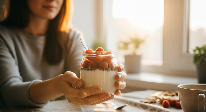 Woman Holding Healthy Breakfast Yogurt Jar with Fresh Raspberries and Chia Seeds in Sunlit Kitchen
