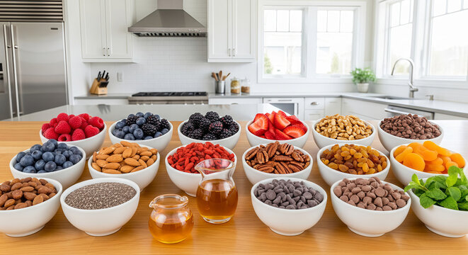 Variety of Healthy Superfoods, Nuts, Berries, and Toppings in White Bowls on Modern Kitchen Counter