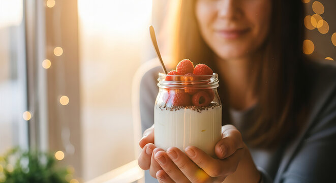 Young Woman Holding a Healthy Yogurt Parfait Jar with Fresh Raspberries and Chia Seeds at Home
