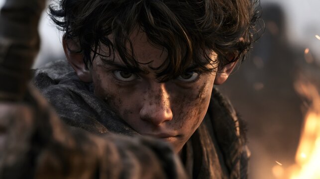 Determined young boy facing battle and survival