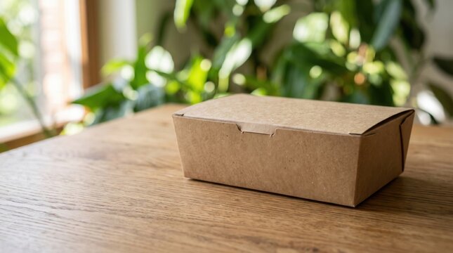 A closed brown cardboard takeout container sits on a rustic wooden table with soft natural lighting.