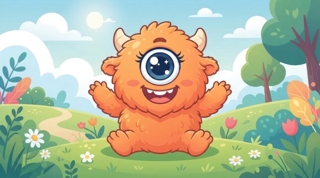 Cute Fluffy Orange Cyclops Monster Sitting in a Sunny Meadow