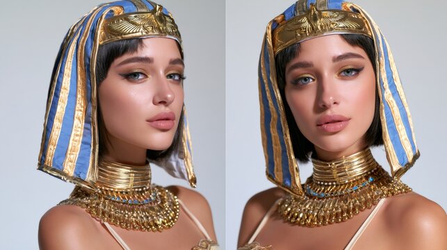 Egyptian queen portrait wearing ancient pharaoh headdress and gold jewelry