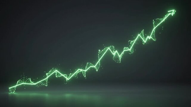 Graph displays a glowing green financial growth trend line against a dark, textured digital background.