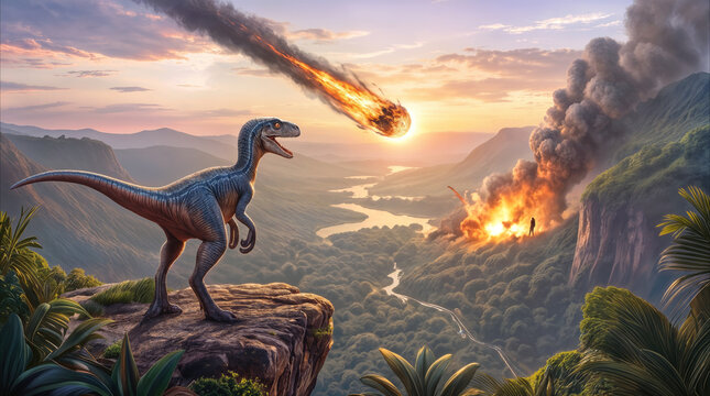 Extinction event showing meteor falling toward prehistoric valley with dinosaur on cliff. Theropod reptile observing asteroid impact during sunset.