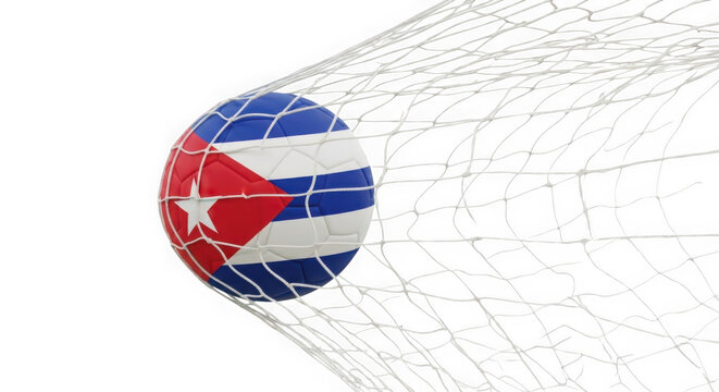 Soccer ball with Cuba flag pattern flying into a goal net isolated on transparent background