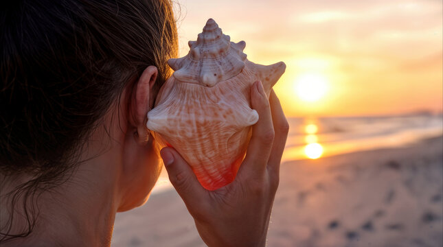 Person listening to large conch shell on sandy beach at sunset. Close-up view of woman holding seashell to ear during golden hour.