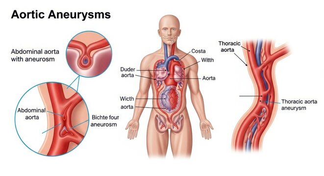 Aortic Aneurysms Medical Diagram with Abdominal and Thoracic Aorta Details - Cardiovascular Disease, Anatomy Education and Vascular Health Illustration
