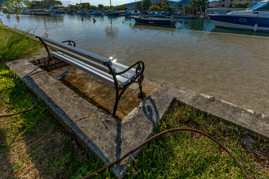 Heavy rains in Trogir, the end of the heatwave and storms, water overflowed the river and flooded the city's sidewalks
