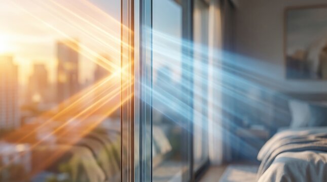 Modern window smart glass coating film reflecting intense heat sunlight outdoors and letting cool UV light inside room for energy saving concept.