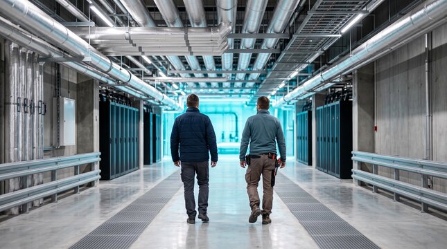 Engineers leave a chilled data center pipe corridor