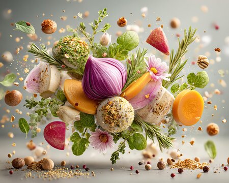 A colorful array of fresh ingredients flying.
