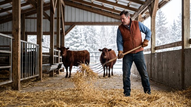 Farmer spreads fresh straw bedding for winter cattle care
