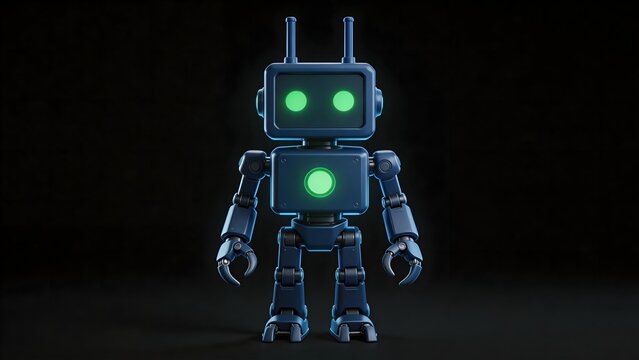 Blue humanoid robot with glowing green eyes and chest light against dark background