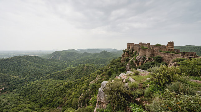 Historic hilltop fort surrounded by verdant Aravalli hills beneath dramatic monsoon skies