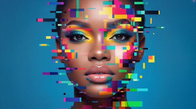 Digital glitch art portrait of African woman with vibrant makeup. Conceptual representation of virtual identity and technology integration.